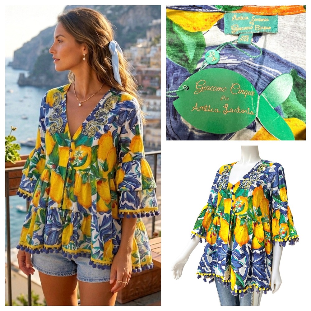 New Antica Sartoria Lemon Print Beaded Tassel Babydoll Blouse Positano Cotton OS